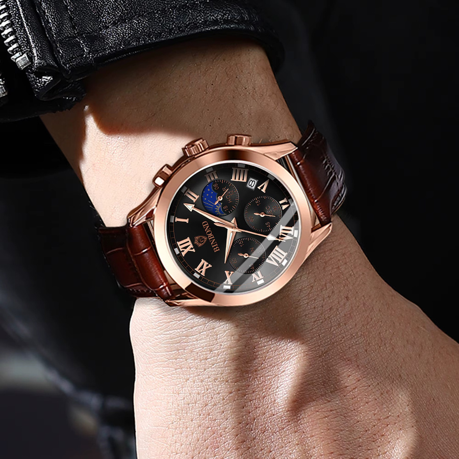 BINBOND Armbanduhr, Chronograph, Quarz, Leder, Schwarz, Roségold, Herren - Bild 3