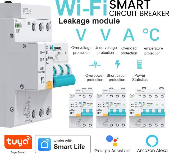 Tuya WIFI RCBO Intelligenter Leistungsschalter mit Messfunktion, Kurzschluss- und Leckageschutz sowie Zeitschaltuhr, Weiß - Bild 1