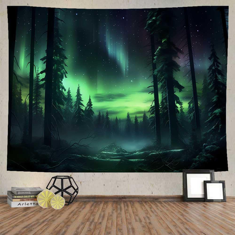 Wandteppich Nordlichter und Nebelkiefern von JMG Household Supplies, Aurora Borealis Wandkunst in Multicolour, Breite: 70 cm, Höhe: 100 cm - Bild 1