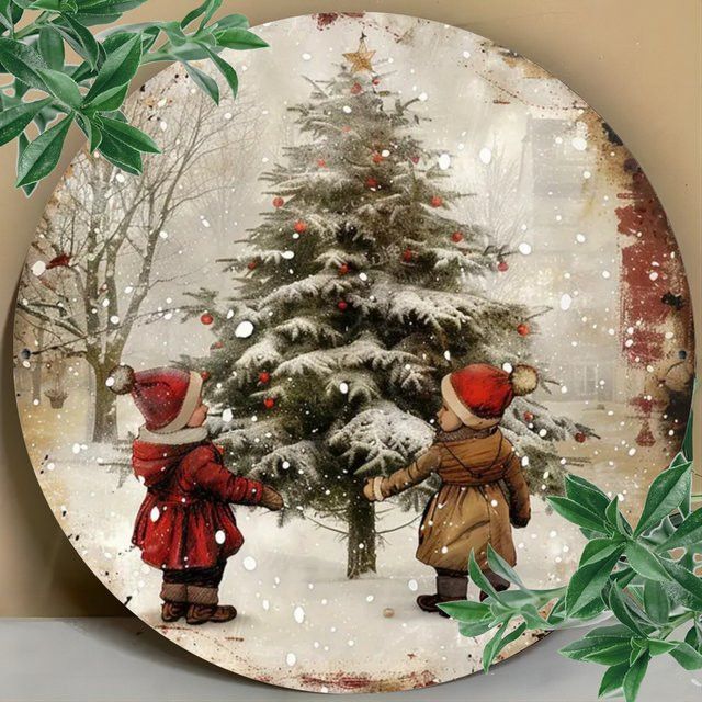 Potdemiel Vintage Eisen-Wandkunst Weihnachten Jugendliche im Schnee, Metallschild Multicolor, B/H: 20,3 x 20,3 cm - Bild 1