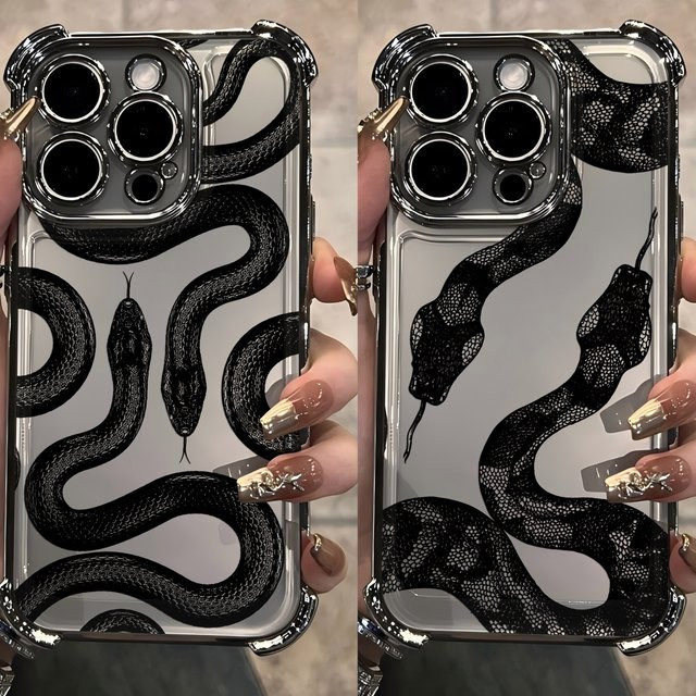 Luxuriöse Vintage-Handyhülle mit schwarzer Schlangenbeschichtung für iPhone 11 bis iPhone 16 Pro Max mit Airbag-Schutz, Farbe: Schwarz - Bild 1