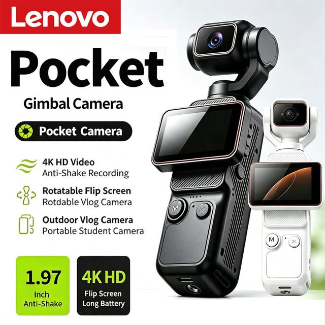 Lenovo 4K Handheld-Taschenkamera in Schwarz mit HD-Drehbildschirm, Bildstabilisierung und WLAN-Übertragung - Bild 1