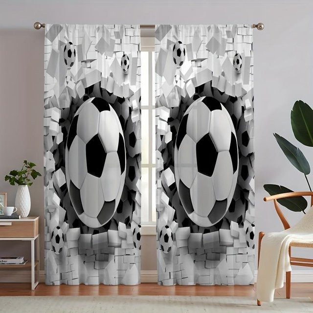Yiran Furniture Vorhänge für Kinder mit Feuer Basketball Fußball Motiv, 2 Stück, halbtransparent, Polyester, Mehrfarbig, B: 50 cm, H: 130 cm - Bild 1