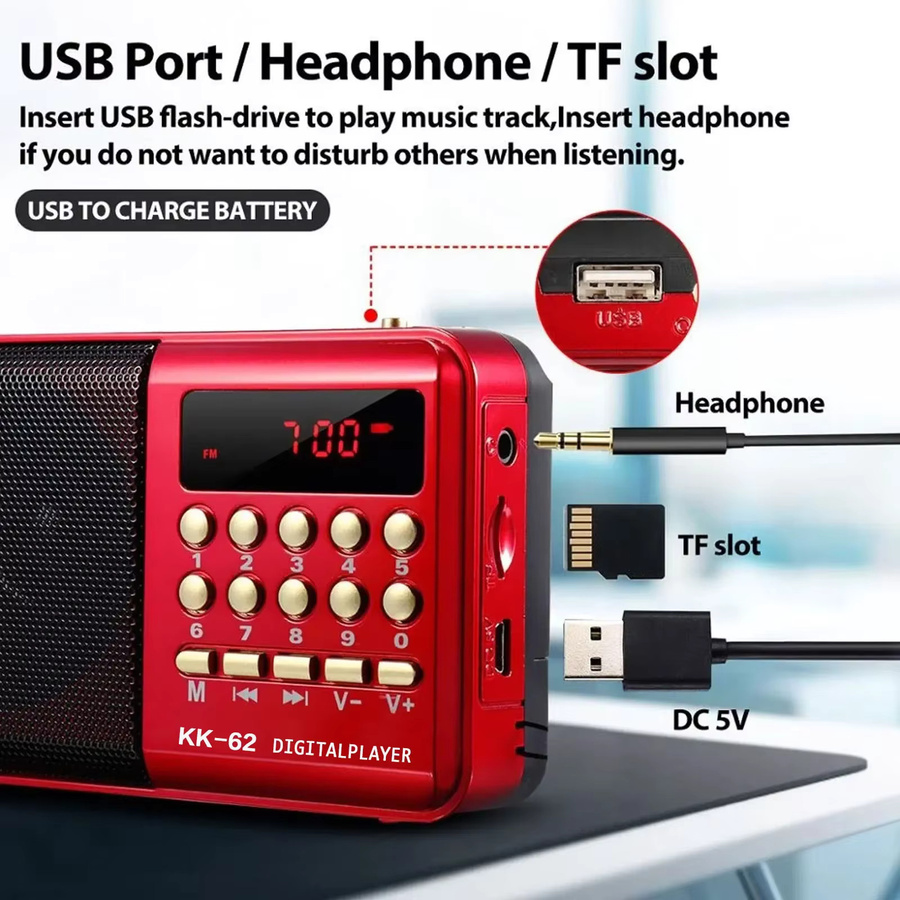 STONEGO Tragbares Mini-Radio in Rot mit FM, USB, TF und MP3-Player als kompakter Lautsprecher für Reisen und Outdoor - Bild 3