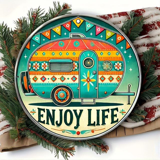 Potdemiel Retro Vintage Camper Van Aluminium Wandkunstschild Genießen Sie das Leben in Mehrfarbig mit geometrischen Mustern B/H: 20 x 20 cm - Bild 1