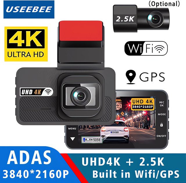 USEEBEE Dash Cam Dual Objektiv mit UHD 4K Auflösung, AI Fahrer Unterstützung, ADAS, WiFi und GPS, Schwarz - Bild 1