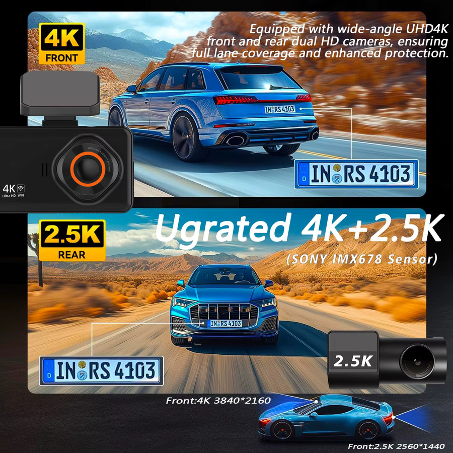 Maxtoss Dual Dashcam mit 4K und 2,5K Auflösung, WIFI und GPS, Rückfahrkamera mit Nachtsicht und 24H Parkmodus, Schwarz - Bild 3