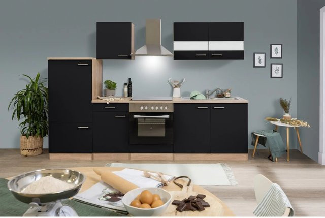 Respekta Küchenzeile modern in Schwarz und Eiche mit Glastüren und Soft-Close-Funktion, Breite: 270 cm - Bild 1