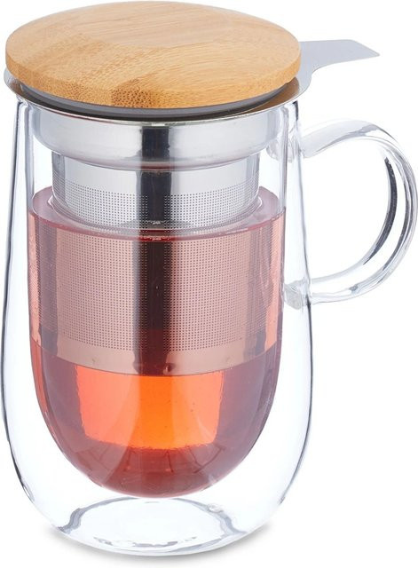 Relaxdays Teeglas aus Borosilikatglas in Transparent mit Sieb und Bambusdeckel, 430 ml - Bild 1