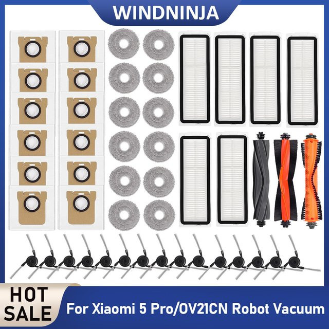 WINDNINJA Zubehör-Set für Xiaomi 5 Pro/OV21CN Roboterstaubsauger mit Hauptbürste, Seitenbürsten, Wischtüchern, Hepa-Filtern und Staubbeuteln - Bild 1