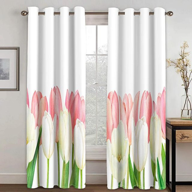 Yiran Furniture Vorhang mit Tulpenblumen-Muster in Lila und Weiß, blickdichte Fensterdekoration für Wohnzimmer und Schlafzimmer, Breite: 55 cm, Höhe: 120 cm - Bild 1