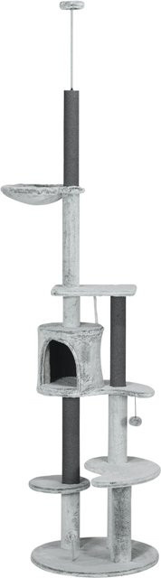 PawHut Deckenhoher Kratzbaum höhenverstellbar mit Katzenhöhle, Spielball und Spielzeug in Grau - Bild 1