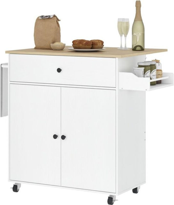 HOMCOM Kücheninsel Küchenwagen mit Klappbar Arbeitsplatte, Schublade, Küchenschrank mit Einlegeboden, Handtuchstange und Gewürzregal, Weiß/Eiche Natur/Schwarz/Weiß - Bild 1