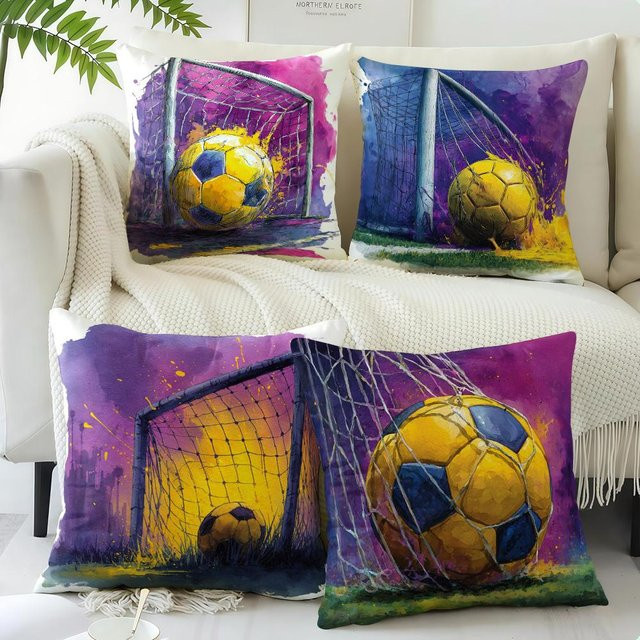 Aquarell Fußball Wurfkissenbezug mit Fußballtornetz-Druck, Multicolor, B/B: 18 x 18 cm - Bild 1