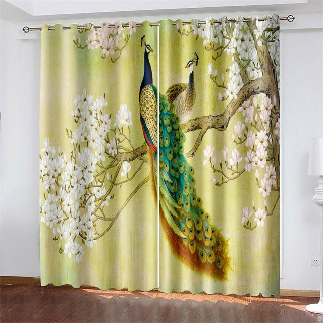 Luxus-Vorhang von A Family Of Home Textiles in Grün mit Pfauen- und Blumenmuster, semi-transparent, mit Ösen, B: 135 cm, H: 185 cm - Bild 1