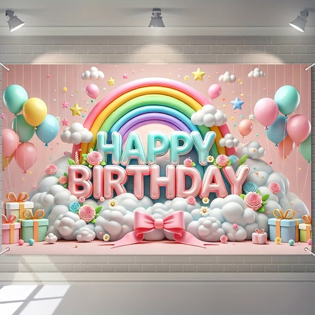 VIKAMA Happy Birthday Party Banner mit 3D Ballon Regenbogen Muster und Wolken in Multicolour, B: 150 cm, H: 100 cm - Bild 1