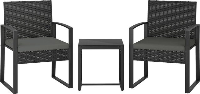 Furnicato Rattan Bistroset 3-teiliges Gartenmöbel-Set aus PE-Rattan mit 2 Stühlen und Couchtisch mit Glasplatte und abnehmbaren Kissen, Dunkelgrau, B/T/H: 120 x 58 x 76 cm - Bild 1