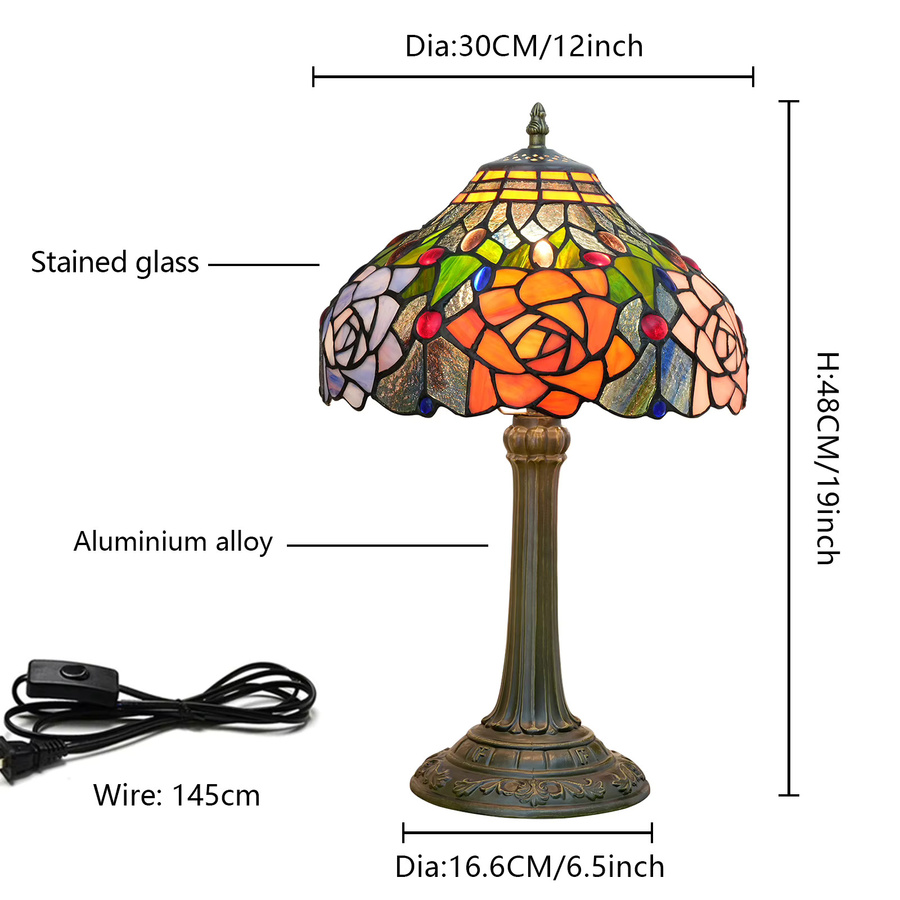 Traditionelle Tischlampe aus Buntglas mit Rosenmuster im mediterranen Stil, Türkische Schreibtischleuchte in Multicolour mit Bronze-Metallgestell - Bild 3