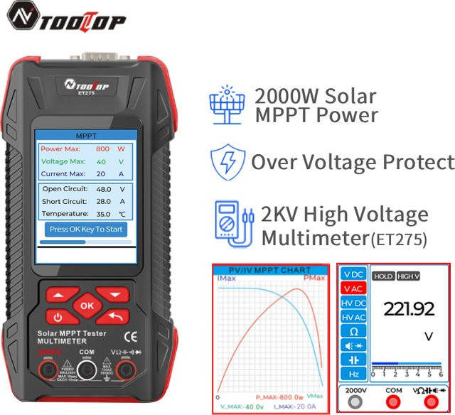 TOOLTOP 2000 W Solarmultimeter MPPT Leistungstester und Photovoltaik-Leistungsmesser mit Überspannungsschutz und 60000 Zählungen 2 in 1 - Bild 1