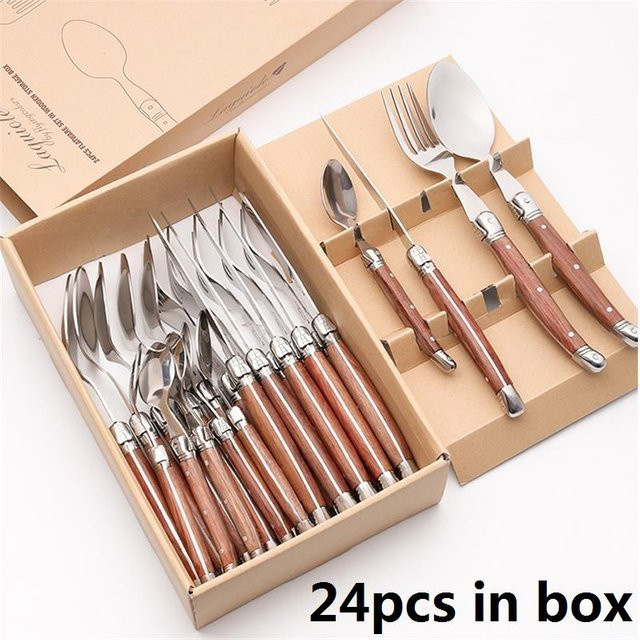 24-teiliges Besteckset Option aus Edelstahl mit Holzgriffen in Silber, inklusive 6 Steakmessern, 6 Gabeln, 6 Löffeln und 6 Teelöffeln im Laguiole-Stil - Bild 1