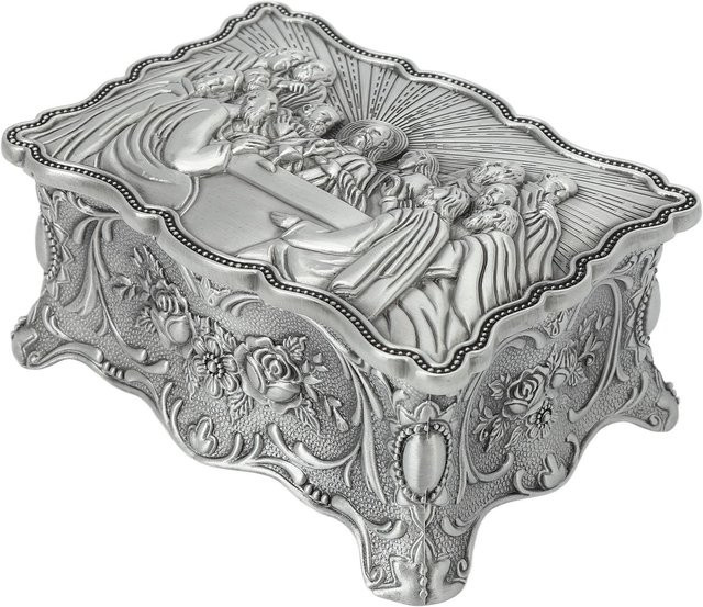 Vintage Schmuckschatulle Igeteck aus Zinklegierung in Grau mit floralem Design und weichem Samtfutter - Bild 1