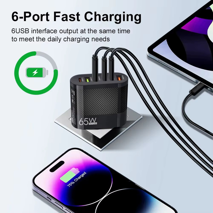 GUSEYEE 6 in 1 Schnellladegerät mit 3 USB-A und 3 USB-PD Anschlüssen, 3,1 A, QC3.0 Ladestation für Samsung und Xiaomi Smartphones - Bild 3