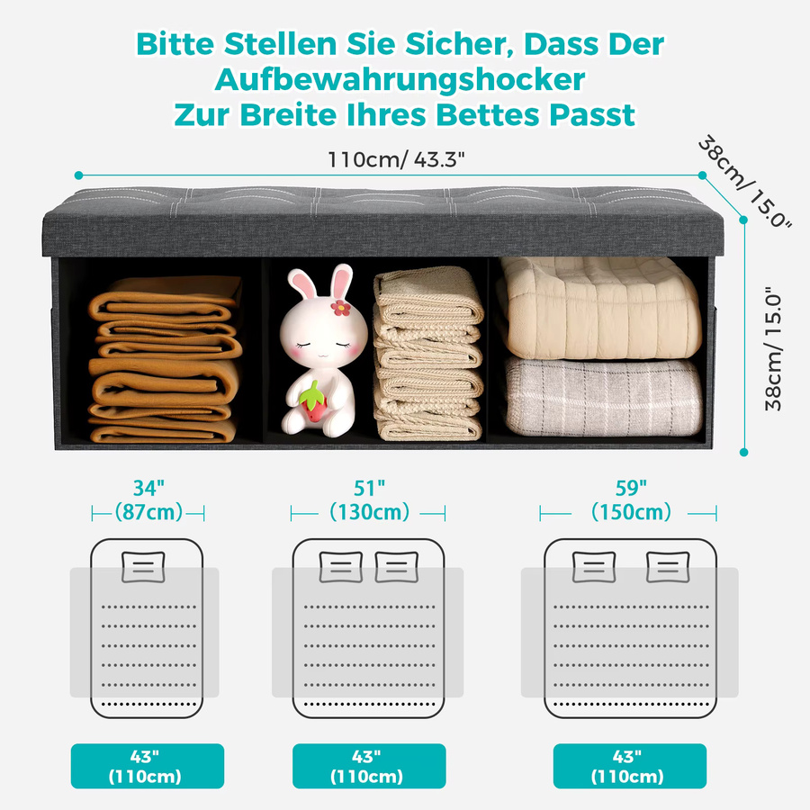 Oak & Tea Klappbare Sitzbank mit Stauraum in Grau, B/T/H: 110 x 38 x 38 cm - Bild 2