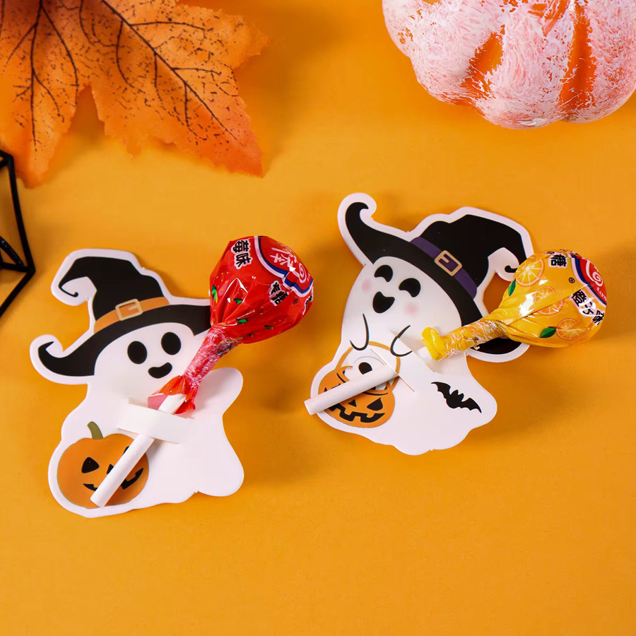 48 Stück Halloween-Lollipop-Halterkarten aus Papier mit Kürbis- und Geister-Muster in Weiß für deine Party-Dekoration und DIY-Geschenke - Bild 3