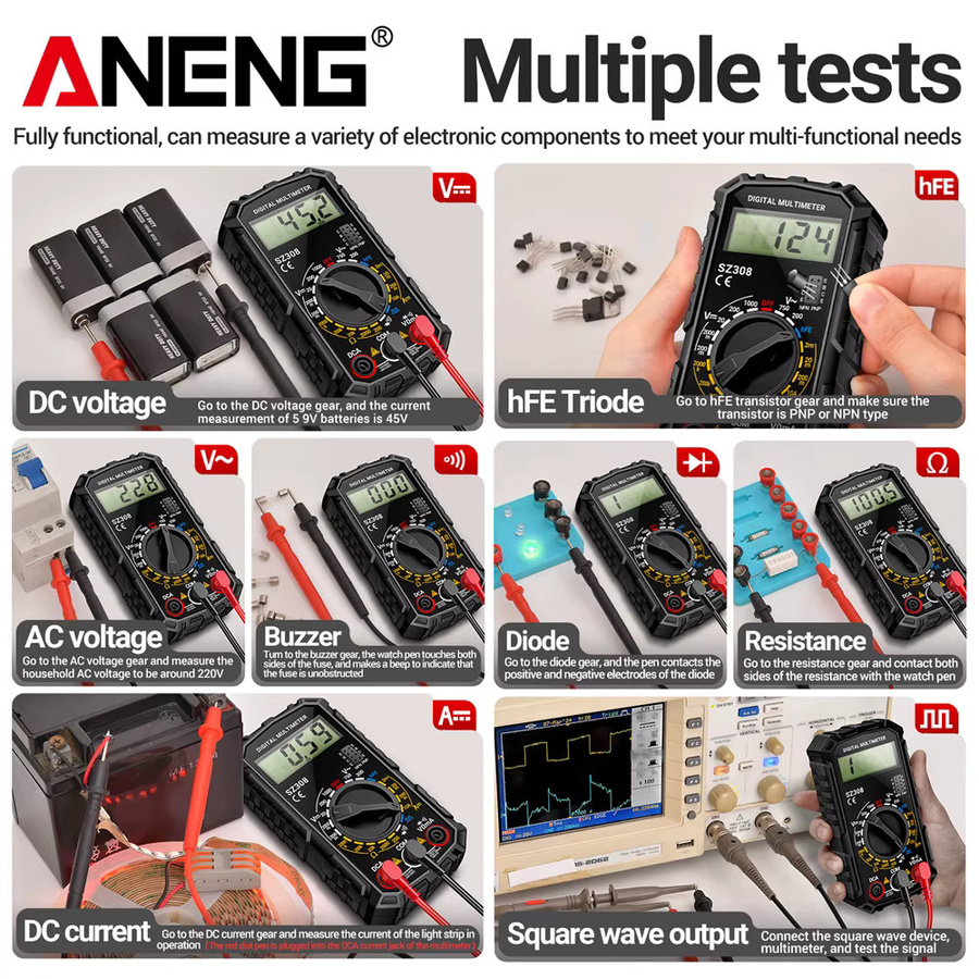 Digitales Multimeter ANENG SZ308 in Schwarz zur Messung von AC/DC Strom, Spannung und Widerstand mit LCD-Hintergrundbeleuchtung und Rechteckwellen-Testfunktion - Bild 3