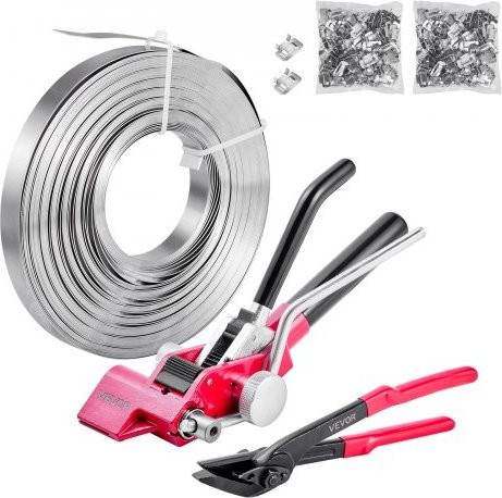 VEVOR 4-teiliges Stahlband Umreifungsset in Silber aus Edelstahl mit 60 m Metallband, 200 Metallklammern und Schneider für industrielle Verpackung und Transport - Bild 1