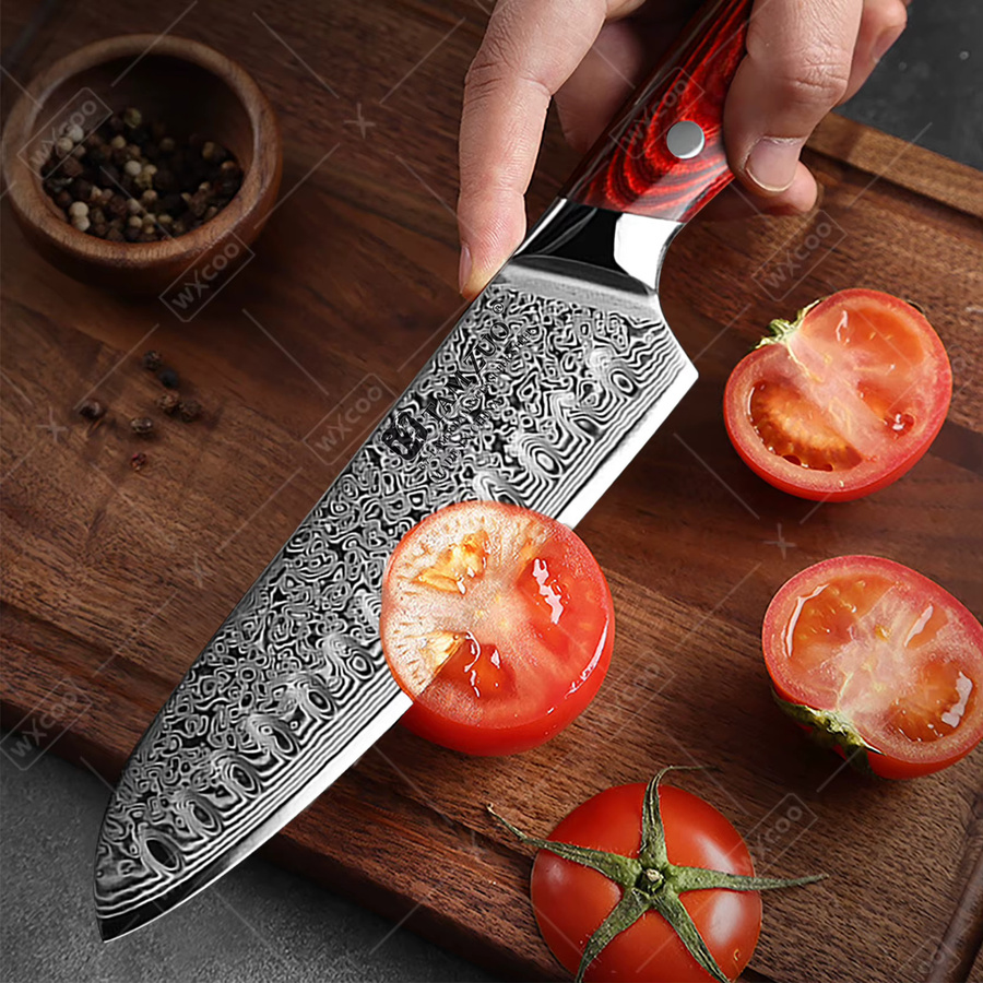 TAMZUO Santoku-Küchenmesser aus japanischem Damaststahl VG10 mit Holzgriff in Braun, Breite: 17,78 cm - Bild 4