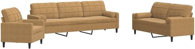 vidaXL Sofagarnitur aus Samt in Braun mit Kissen und Nackenrollen, modernes 4-teiliges Set mit 3-Sitzer-Sofa, 2-Sitzer-Sofa, Sessel und Armlehnen - Bild 1