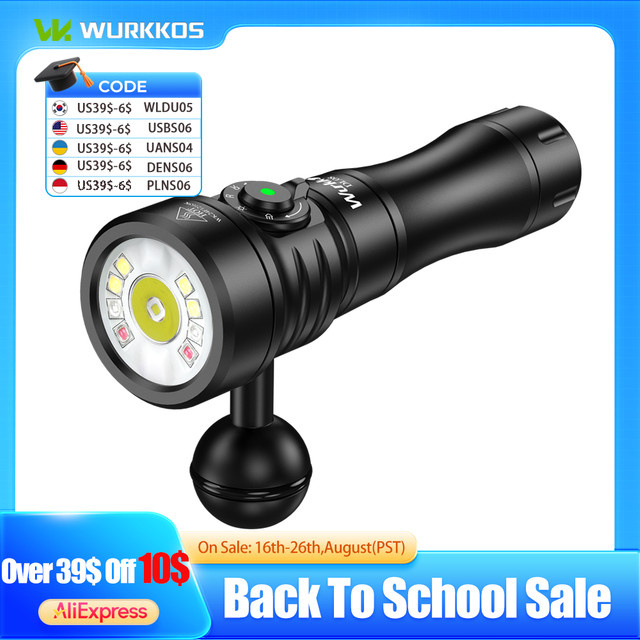 Wurkkos DL08 Tauchlampe mit 3600 lm, wiederaufladbare Unterwasserlaterne in Schwarz mit rotem Licht (660 nm) und UV-Licht (365 nm) - Bild 1