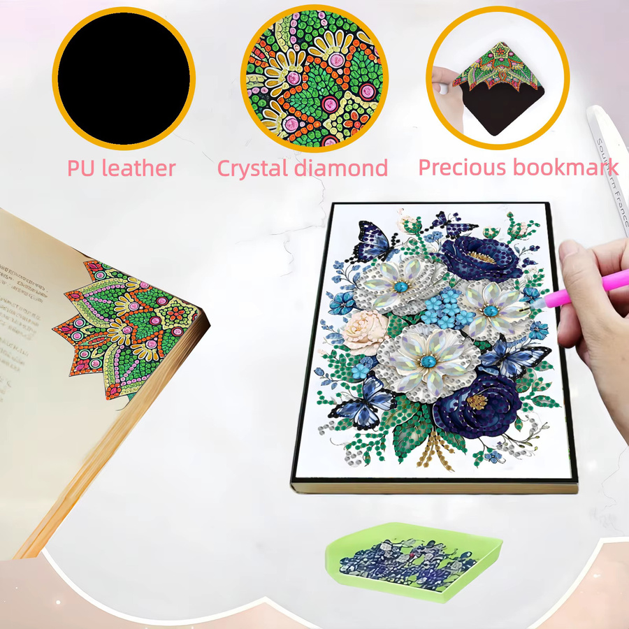 2-teiliges Diamond-Painting-Set mit Notizbuch und Lesezeichen aus PU-Leder in Multicolour mit Blumen- und Schmetterlingsmuster - Bild 3
