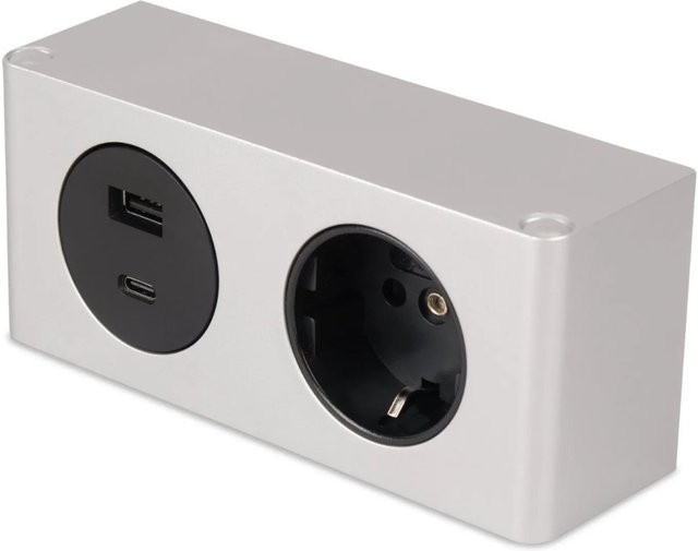 Kalb 2-fach Steckdosenleiste zur Montage mit 1x 230V und 2x USB in Silber, B/T/H: 14,0 x 4,6 x 6,25 cm - Bild 1