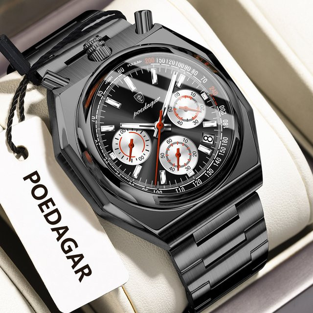 POEDAGAR Chronograph Armbanduhr, Quarz, Edelstahl, Silber, Herren - Bild 1