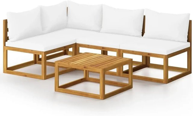 vidaXL 5-tlg Garten-Lounge-Set in U-Form aus massivem Akazienholz mit cremefarbenen Auflagen - Bild 1