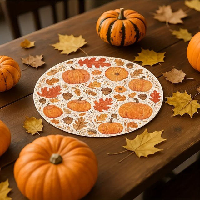 VIKAMA 4er Set Halloween Tischsets mit Kürbis und Eichel Motiv in Mehrfarben, rund, Herbst Dekoration - Bild 1