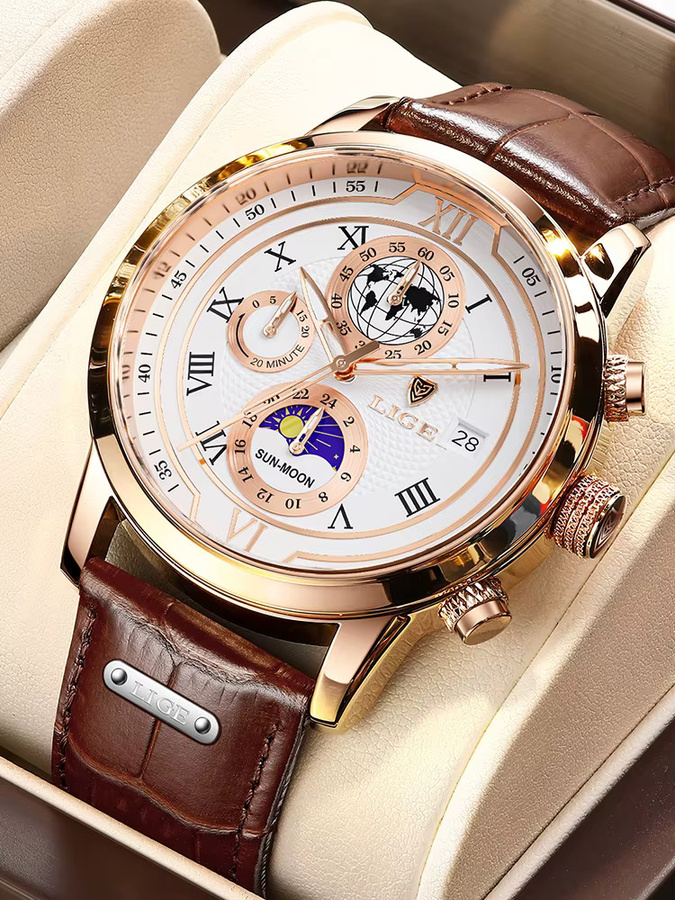 LIGE Armbanduhr Chronograph, Quarz, Edelstahl, Leder, Herren - Bild 7
