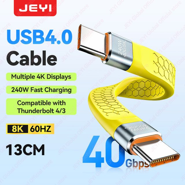 JEYI USB-C zu USB-C Flachkabel in Grau mit 40Gbps Datenübertragung, 240W Schnellladung und 8K Video Unterstützung - Bild 1