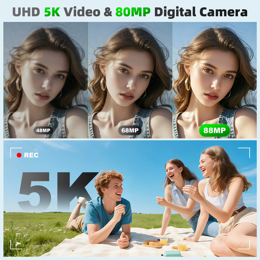 Ourlife Digitalkamera 5K 80MP mit 18X Digitalzoom und Dual-Bildschirm, Kompaktkamera mit WIFI in Schwarz - Bild 6