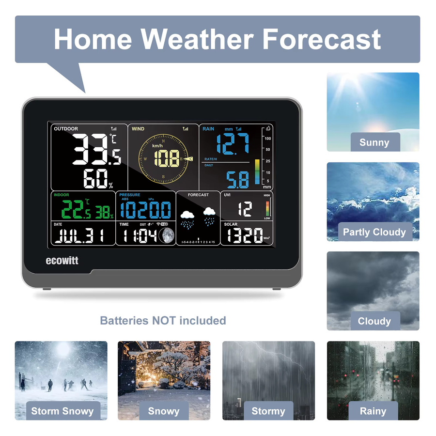 Ecowitt WS3900 Wi-Fi Wetterstation mit 7,5-Zoll LCD-Farbdisplay Konsole in Schwarz, unterstützt IoT-Geräte WFC01 und AC1100 - Bild 4