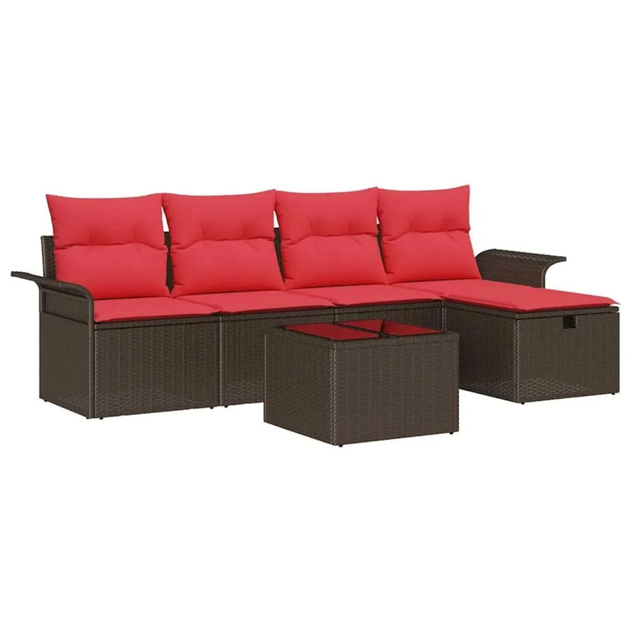 vidaXL Gartensofa-Set aus Poly-Rattan in L-Form mit 6 Kissen, Braun und Rot - Bild 2
