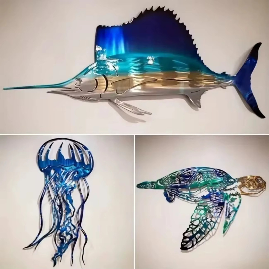 CIFBUY Wandkunst aus Metall mit Schwertfisch, Qualle und Schildkröte zur Wandmontage - Bild 3