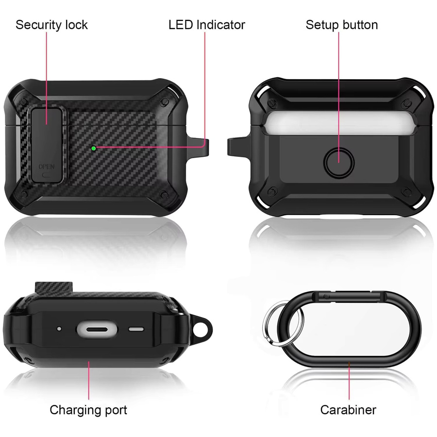 Carbon Fiber Hard Shell Case für AirPods Pro 2. Generation mit Secure Lock Clip und Schlüsselanhänger, Schwarz - Bild 3
