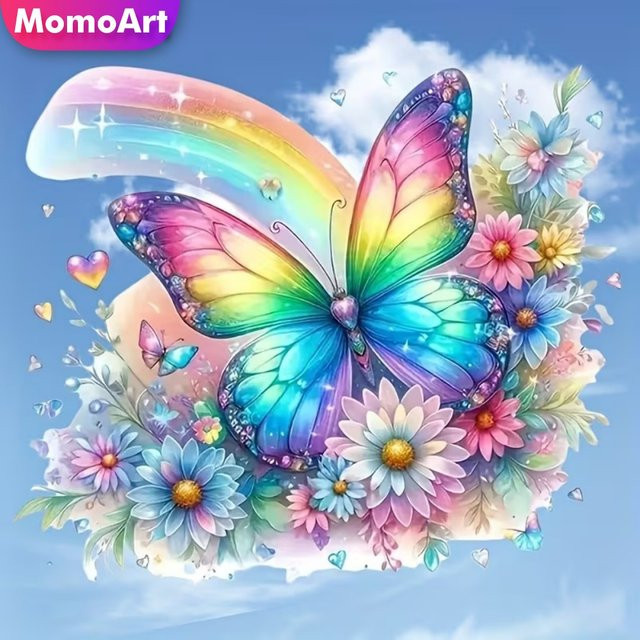 Momoart Diamantmalerei Schmetterling und Gänseblümchen DIY Bastelset mit runden Strasssteinen in Multicolour, B/H: 20 x 20 cm - Bild 1