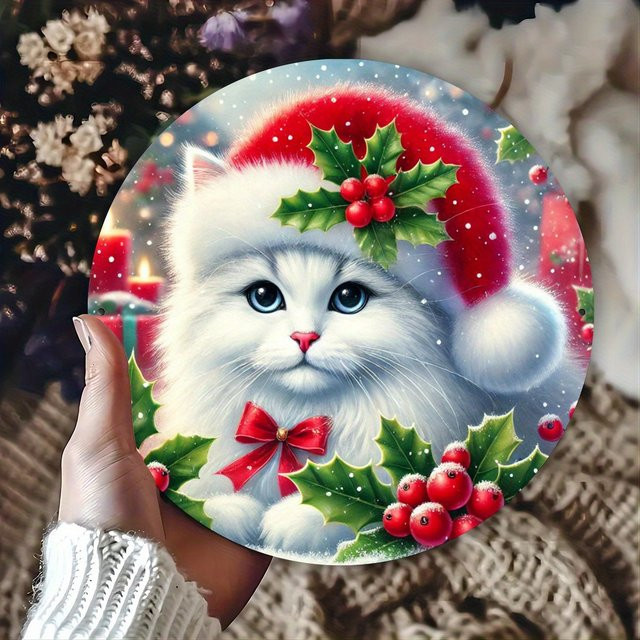 Rundes Weihnachtsschild aus Metall von Potdemiel mit Katze und Stechpalme in Weiß, Vintage-Wanddekoration, Durchmesser: 20 cm - Bild 1