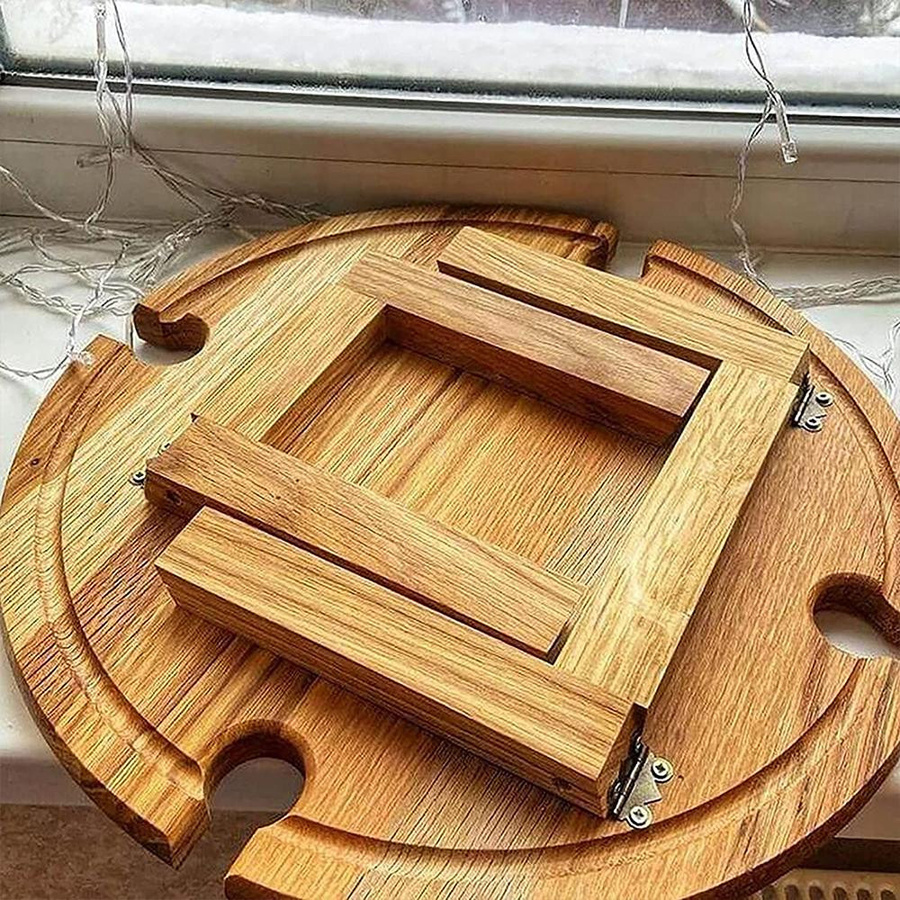 Runder Klapp-Picknicktisch von MOONBIFFY aus Holz mit Glashalter und Weinregal in Braun für den Außenbereich - Bild 3