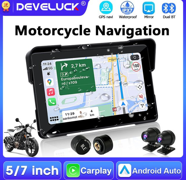 Develuck Motorrad CarPlay Touchscreen mit Android Auto, Dual-Bluetooth, GPS-Navigation und TPMS-Unterstützung, IPX7 wasserdicht, Schwarz, 5/7 Zoll - Bild 1