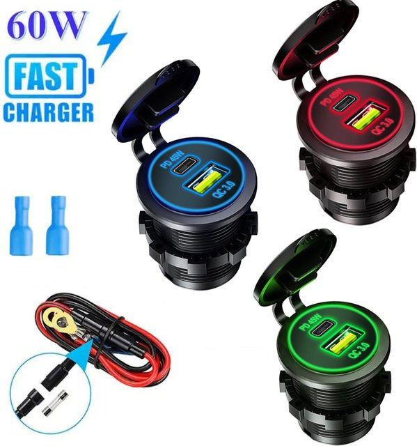 Kebidumei USB Autoladegerät mit PD & QC 3.0 Schnellladung, 60W, Schwarz, Wasserdicht für Auto, Motorrad, LKW und Boot - Bild 1